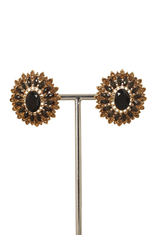 Black Stone Work Stud Earrings With Gold Plated Finish