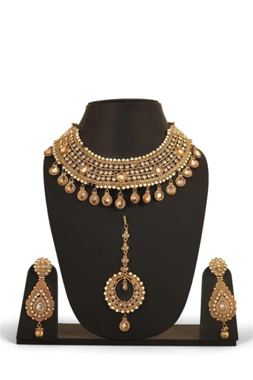 Stone Gold Earing And Necklace Set With Maang Tikka