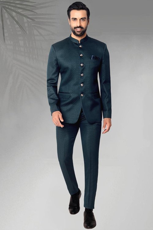 Plain Silk Teal Blue Jodhpuri Style Men's Coat Pant