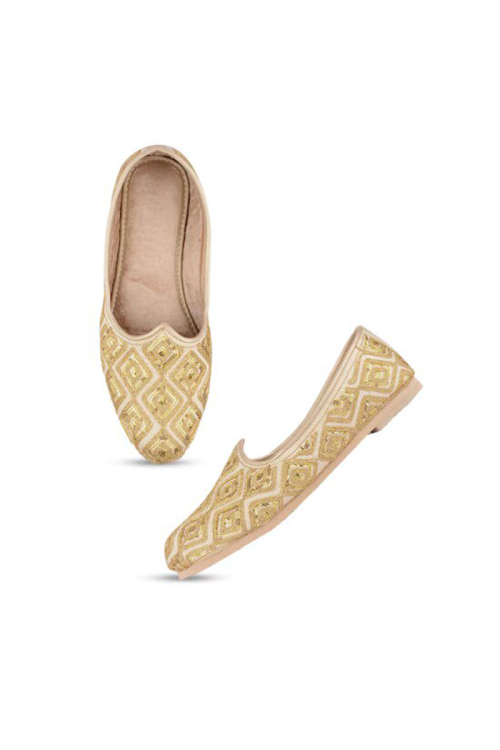 Beige Men's Sequined Dori Embroidered Mojari