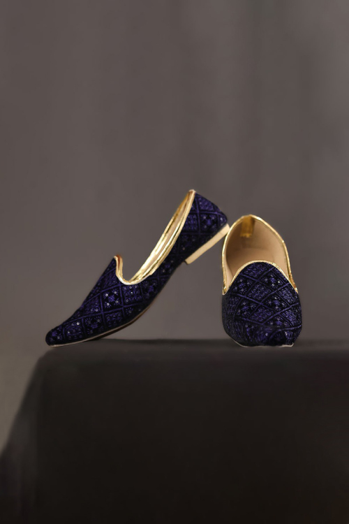 Navy Blue Sequins Embroidered Silk Mojari For Men's