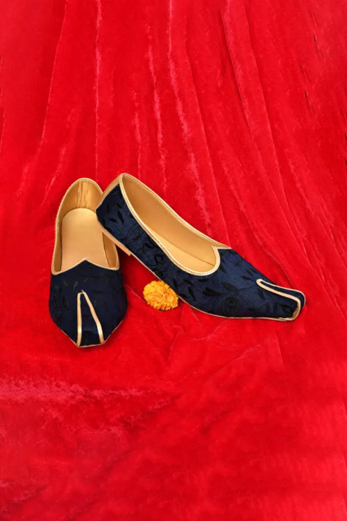 Navy Blue Men's Silk Mojari With Embroidery