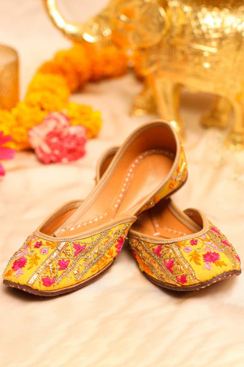 Mustard Yellow Silk Embroidered Jutti for Women
