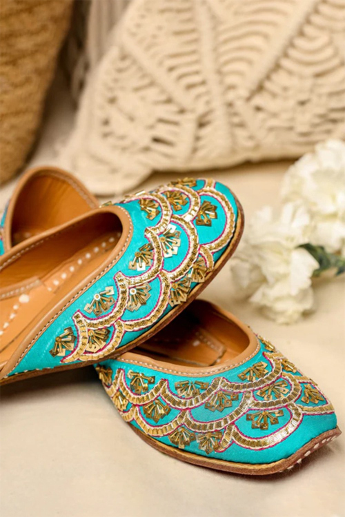 Turquoise Blue Embroidered Silk Women's Jutti