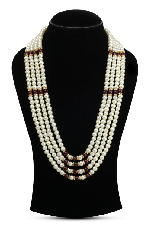 White & Maroon Pearl Sherwani Mala with Elegant Stones