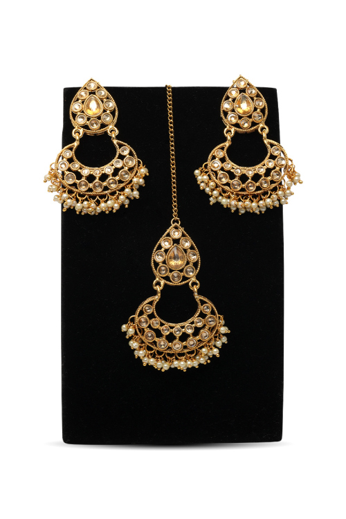 Gold Color Earrings and Maangtika with Cream Stone and Beads