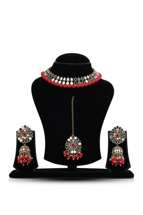 Tomato Red Choker Necklace Set with Jhumka Earrings and Mangtikka