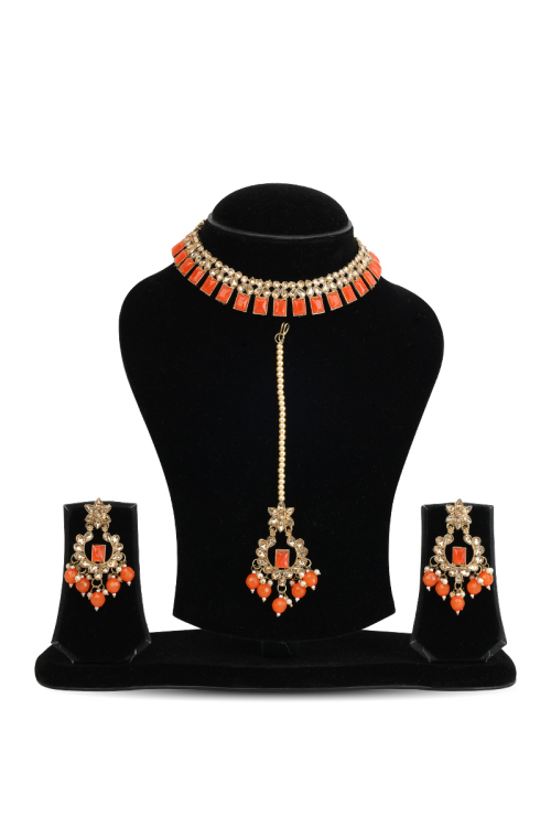 Tangerine Kundan Choker Necklace Set with Maang Tikka Set