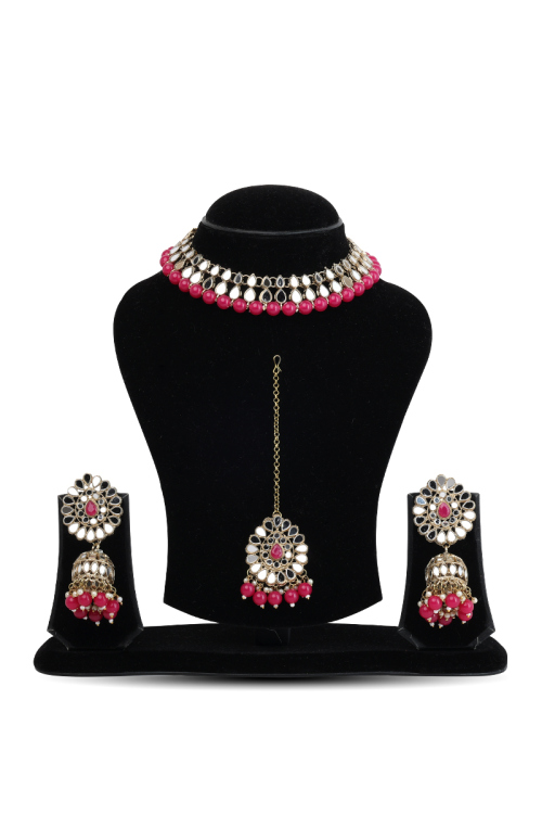 Magenta Pink Beaded Choker Necklace with Jhumka & Mangtikka