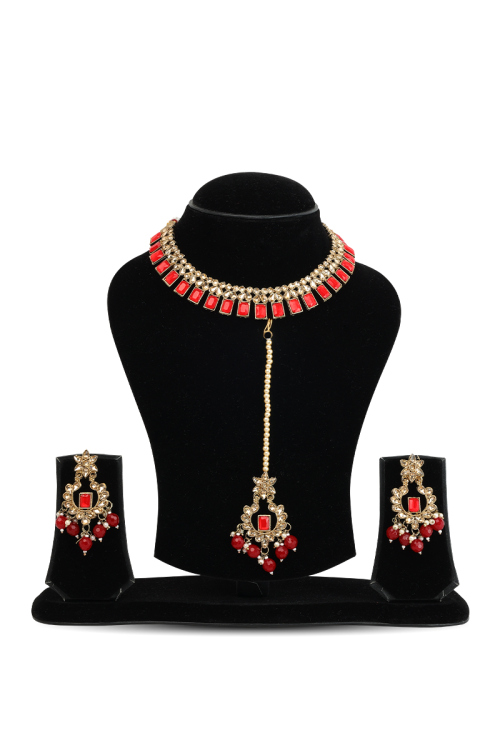 Peach Stone & Cherry Red Beads Kundan Choker Necklace Set