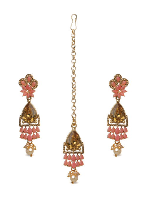 Peach Pink Stone Studded Drop Earrings With Maangtika