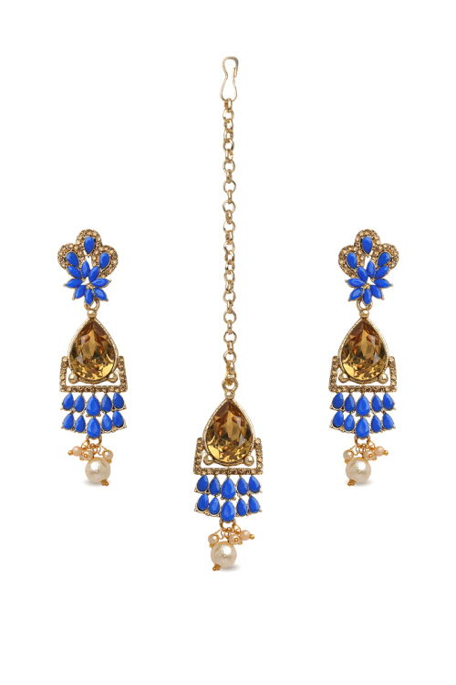 Blue Stone Studded Drop Earrings With Maangtika