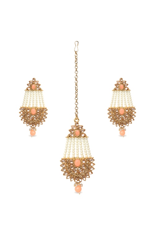  Peach Pink Kundan Earrings with Maangtika