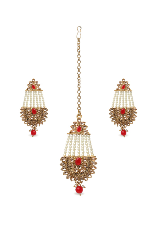  Kundan Pearl Drop Earring with Maangtika