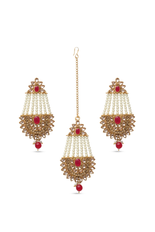Pearl & Kundan Drop Earrings with Maangtika Set