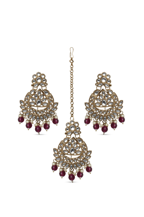 Maroon Beaded Kundan Maang Tikka & Earring Set