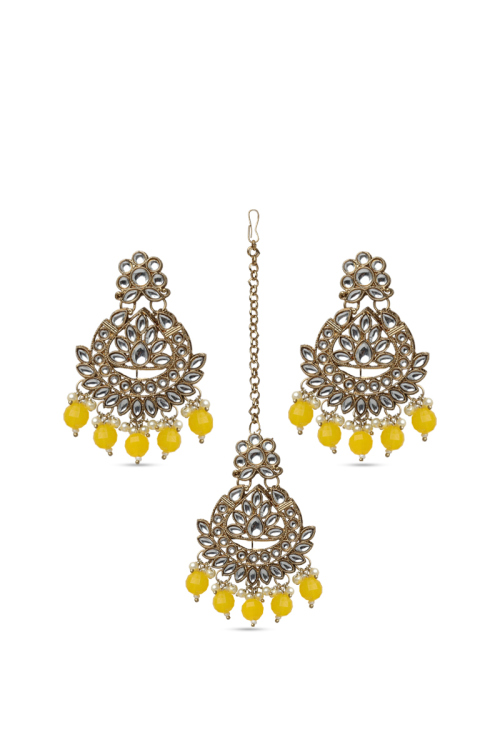 Yellow Beaded Kundan Maang Tikka & Earring Set
