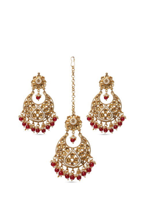  Chandbali Stone Studded Earrings and Mangtika Set