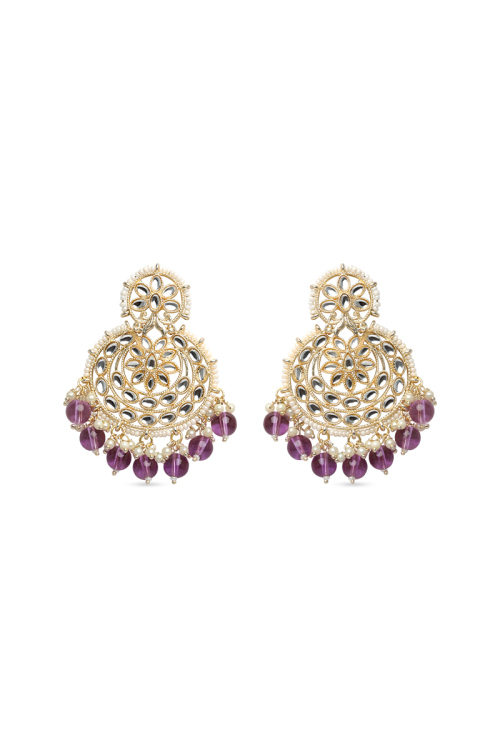Lavender Kundan Chandbali Earrings with Beads & Pearls