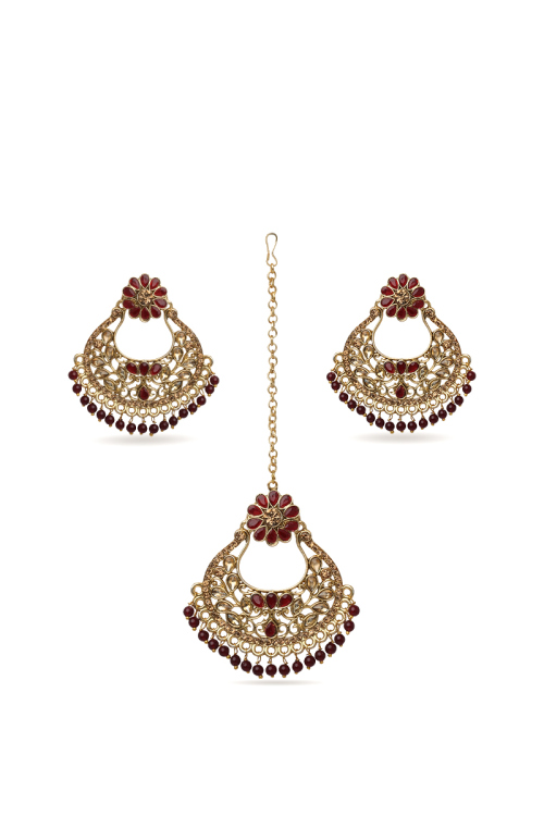 Chandbali Earrings & Maangtika Set with Stone Studded Designs