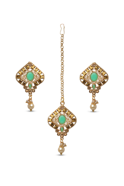 Emerald Green Stone Studded Drop Earrings With Maangtika