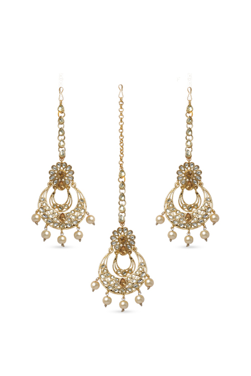 Gold Plated Tikka & Earrings with Pearl Danglers