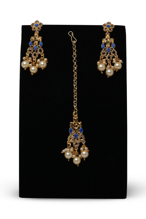 Royal Blue Stone Studded Drop Earrings With Maangtika