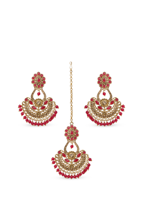 Gold Plated Red Beaded Tikka and Earrings Set