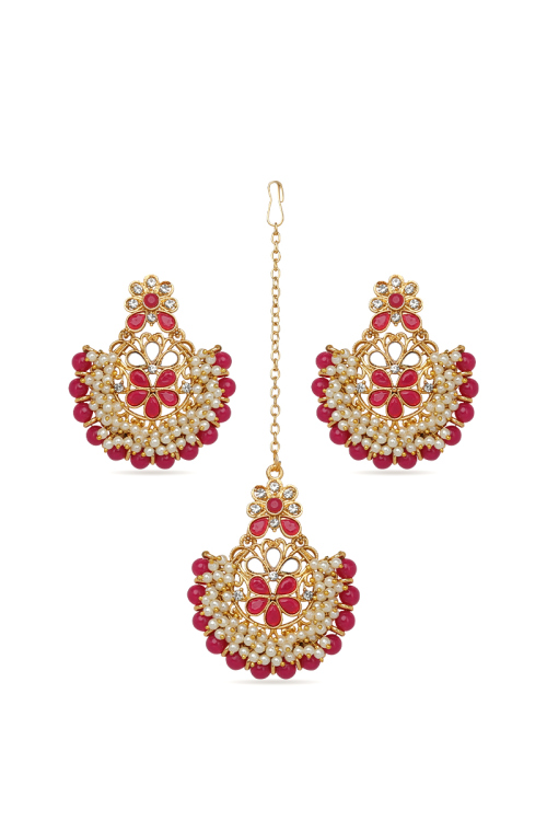 Magenta Beaded Pearl Tikka and Gold Plated Earrings Set
