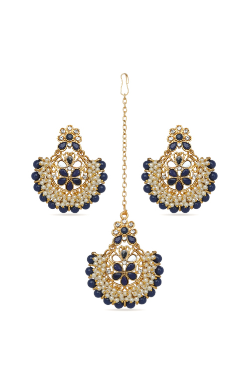 Dark Blue Beaded Pearl Tikka and Gold Plated Earrings