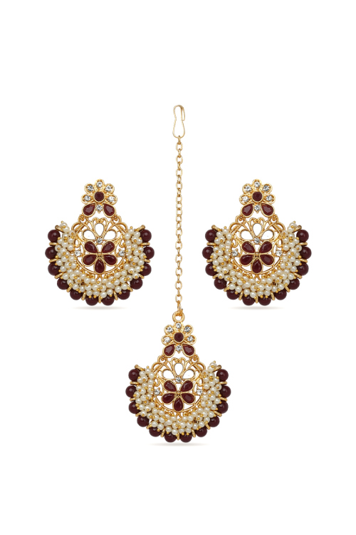 Stone Studded Maroon Pearls Chandbali Earrings With Maangtika