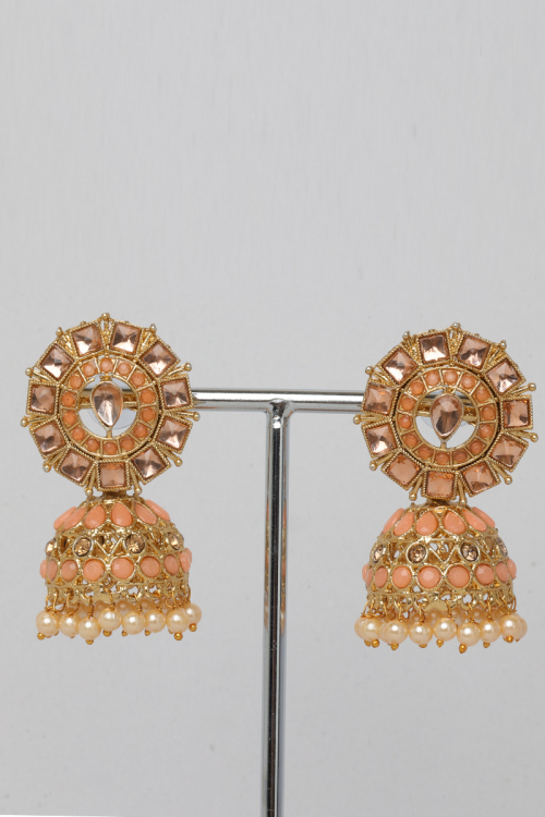 Peach Stone Studded Jhumka Earrings With Cream Beads