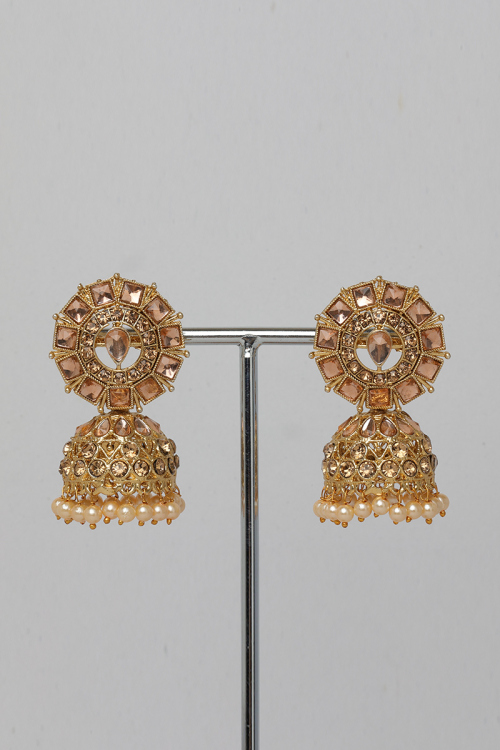 Light Pink Stone Studded Jhumka Earrings With Cream Beads