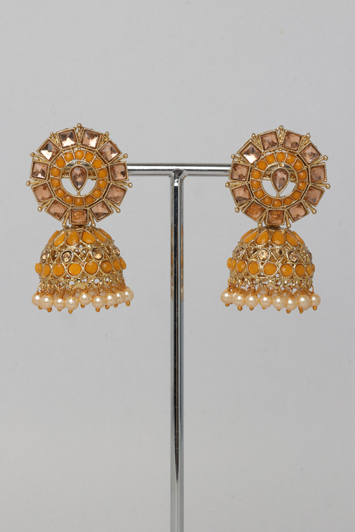 Golden Stone Studded Jhumka Earrings With Cream Beads