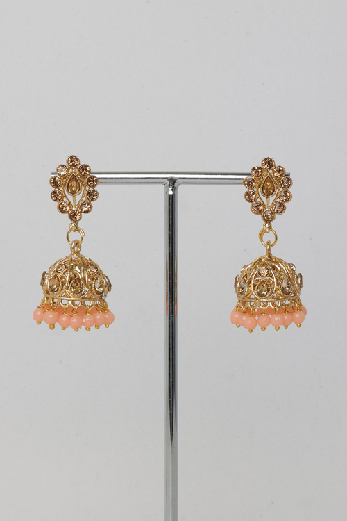  Golden Stone Studded Jhumka Earrings With Peach Pearls