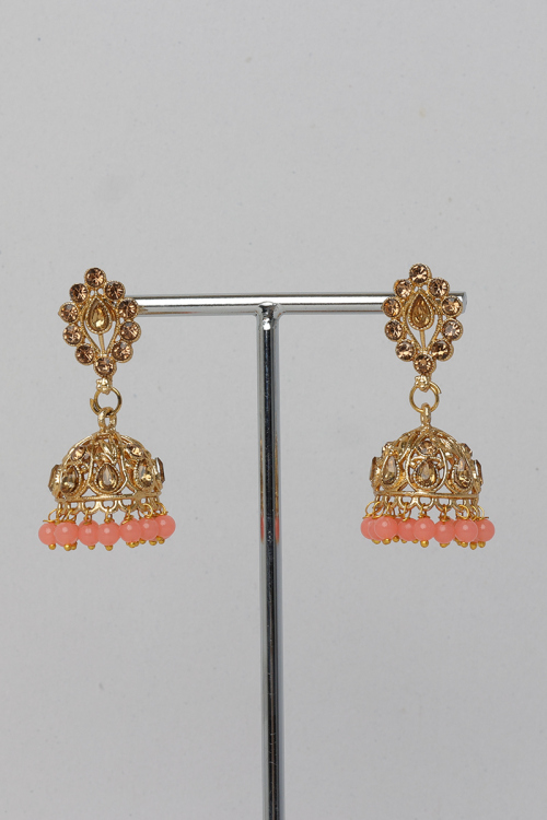 Stone Studded Jhumka Earrings With Salmon Pink Pearls