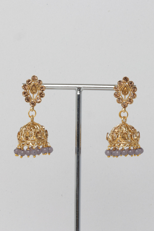 Stone Studded Jhumka Earrings With Dark Grey Pearls