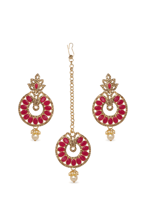 Elegant Gold Plated Drop Earrings with Maangtika Set