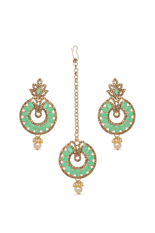Stone Studded Earring with Beads, Pearls & Maangtika