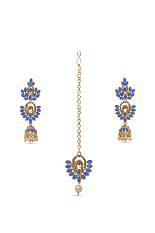 Royal Blue Stone Studded Pearl Jhumkas With Maangtika