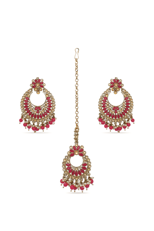 Magenta Stone & Kundan Pearl Gold Plated Earrings with Mang Tikka