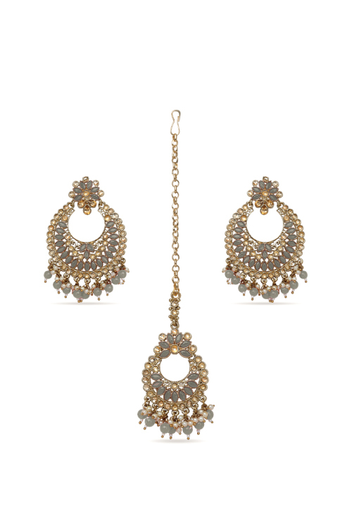 Grey Stone & Kundan Pearl Gold Plated Earrings with Maang Tikka