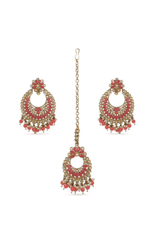 Pink Stone Studded Chandbali Earrings and Maangtika with Cream Beads
