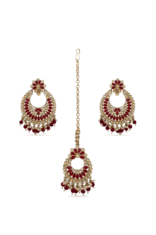 Maroon Stone & Kundan Pearl Gold Plated Earrings with Maang Tikka