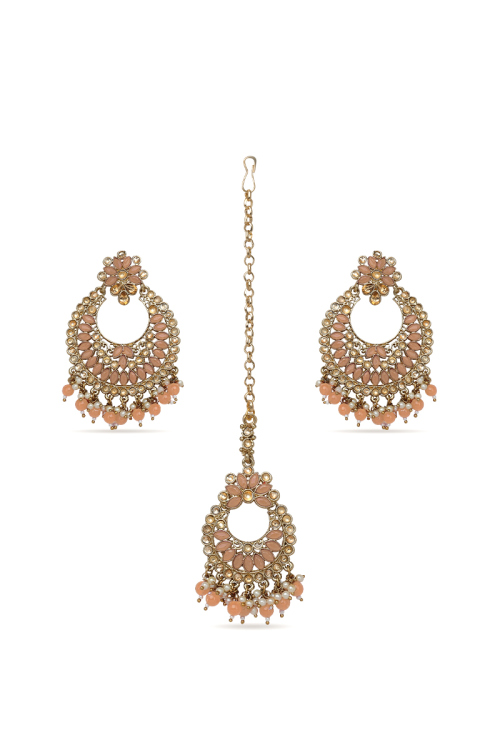Peach Color Stone & Kundan Pearl Gold Plated Earrings Mang Tika Set