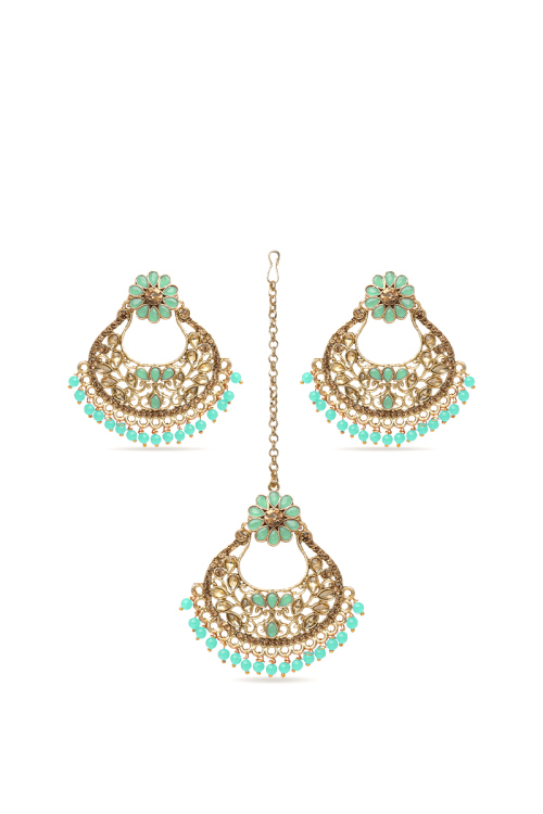 Seafoam Green Stone & Pearl Gold Plated Earrings with Maang Tikka