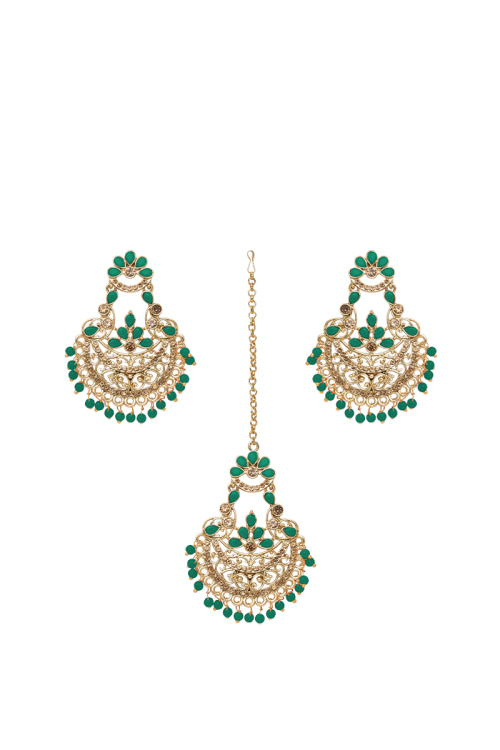 Peacock Green and Gold Color Stone Studded Earrings and Tikka Set