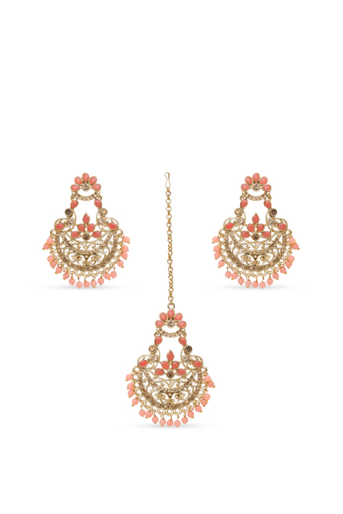 Pastel Pink Beaded Kundan Maang Tikka & Earring Set