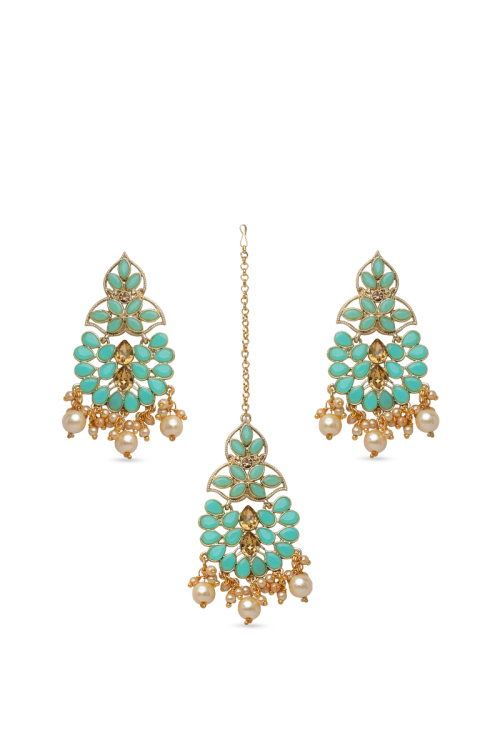 Seafoam Green & Golden Stone Studded Earrings with Maangtika