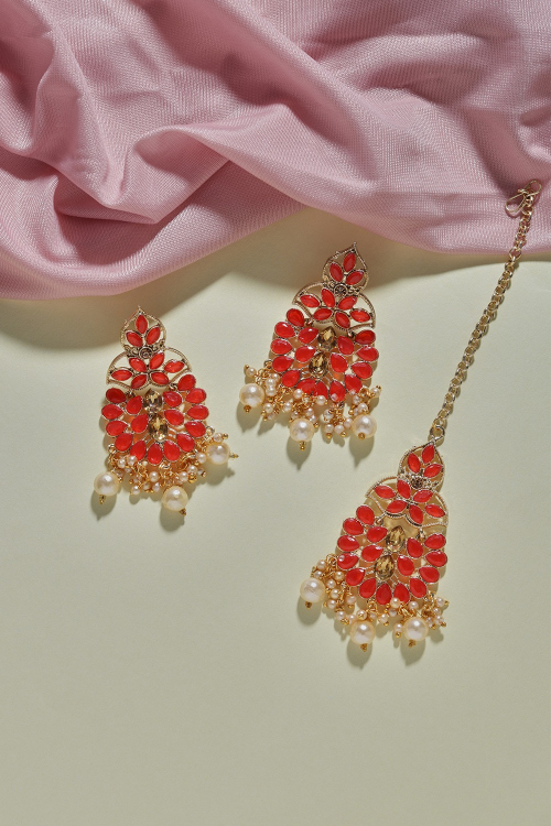 Tomato Red and Gold Color Stone Studded Earrings with Maangtika